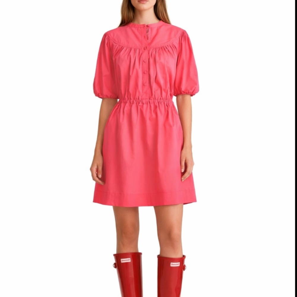 J Crew Bright Salmon Cotton Dress Puff Short Sleeves, Pockets Cottagecore Med